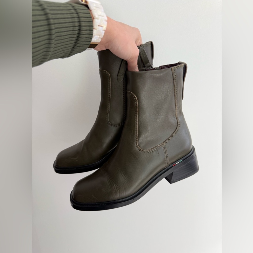 Franco Sarto Navy Green Leather Ankle Heeled Boots Women’s Size 6.5